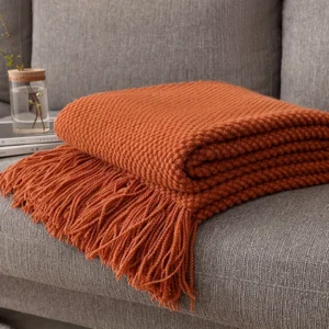 1pc Orange Tassel Knitted Blanket, Soft Warm Throw Blanket Nap Blanket for Couch Sofa Camping Travelling