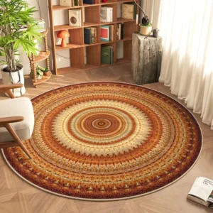 Bohemian Round Rug Colorful Mandala Design Orange Brown Beige Tones Ethnic Pattern Area Carpet For Home Decor